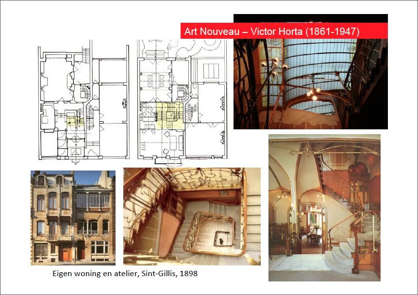 Art Nouveau en Avant-Garde. Victor Horta was zo'n architect. Op slide zijn eigen woning, volledig in Art Nouveau stijl. Asymmetrische vormen, totaal andere ervaring van de ruimtes.