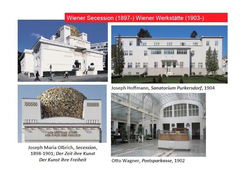 Ornamenten zijn tot een minimum gehouden. Een sobere architectuur Hal met galerijen en ijzeren kop. Groep architecten: Wiener Secession. Oostenrijk was een keizerrijk met een zekere Hofcultuur.