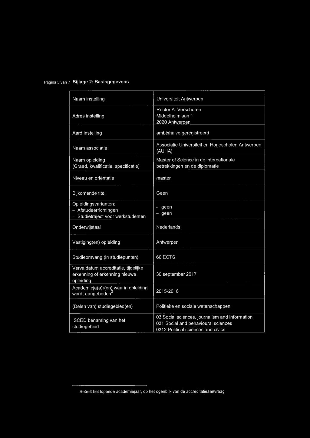 Verschoren Middelheimlaan 1 2020 Antwerpen ambtshalve geregistreerd Associatie Universiteit en Hogescholen Antwerpen (AU HA) Master of Science in de internationale betrekkingen en de diplomatie