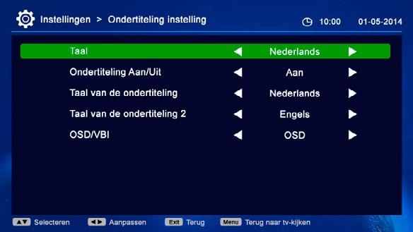 Instellingen Ondertiteling instelling In dit menu kun je alles met betrekking tot de ondertiteling aanpassen. (zie Figuur 24). Taal: Hier kun je de taal instellen voor de ondertiteling.