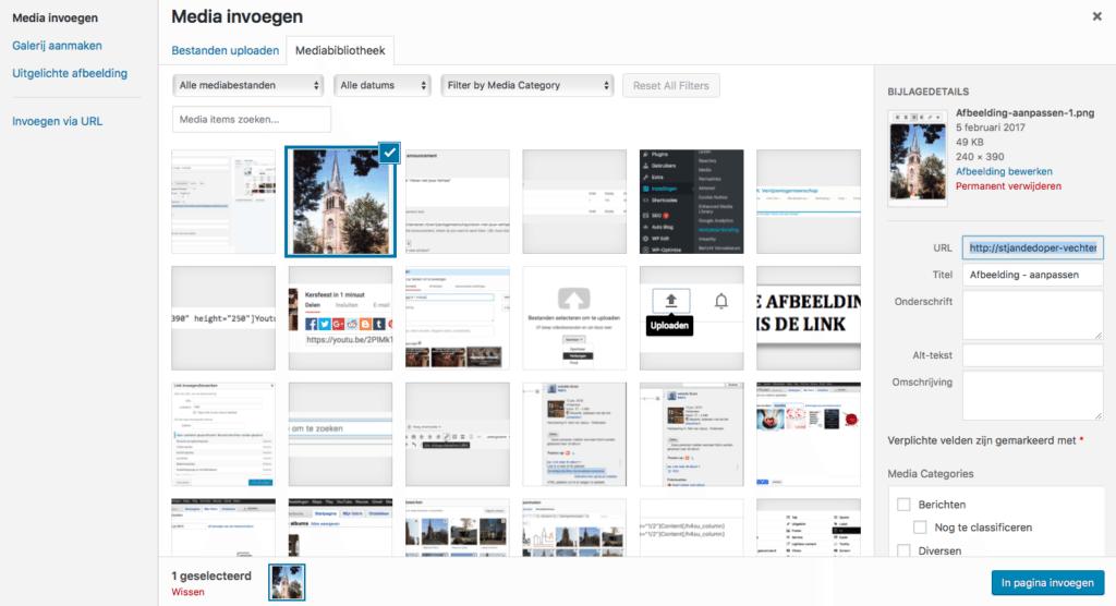 Hier kun je de afbeelding(en) op je computer selecteren en uploaden naar de Media op de website. Je kunt nu de juiste settings voor de afbeelding opgeven.