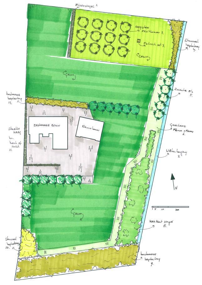 Ruimtelijke onderbouwing garagebedrijf M. Verberne Steemertseweg Lierop Blad 11 van 40 Gemeente Someren februari 2017 Figuur: Landschappelijke inpassing: 1. Elzensingel; 2. Hoogstamfruitbomen; 3.