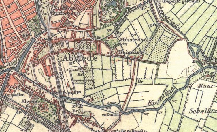 O Landsapsaritecten Hoveniersgebied Abstede 1902 Hoveniersgebied Bij de aanleg van het zuidelijk deel doorsneed de Oosterspoorlijn het hoveniersgebied van Abstede.