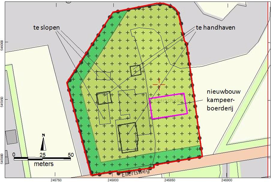 Afbeelding 2: nieuwe bestemmingsplan Ellertsweg 6 te Ellertshaar. 3 Rode lijn is grens bestemmingsplan, paarse lijn is nieuwbouwlocatie kampeerboerderij. 3 Bureauonderzoek 3.