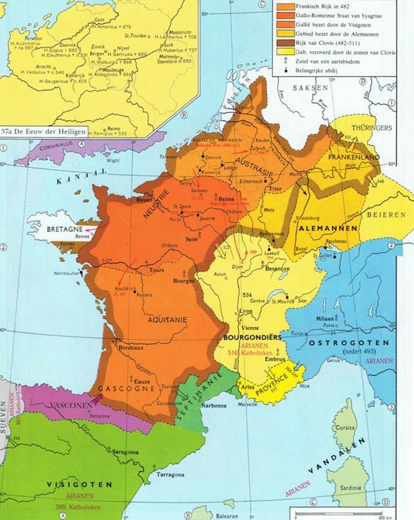 Het Frankische Rijk ten tijde van de Merovingers (5e - 8e eeuw). Het omcirkelde gebied is het Rijk ten tijde van de heerschappij van Clovis (481-511).