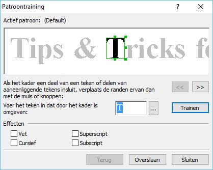 Als de Ook ingebouwde patronen gebruiken optie onder de Training gebruiken om nieuwe tekens en ligaturen te herkennen optie wordt geselecteerd, gebruikt ABBYY FineReader de geïntegreerde patronen