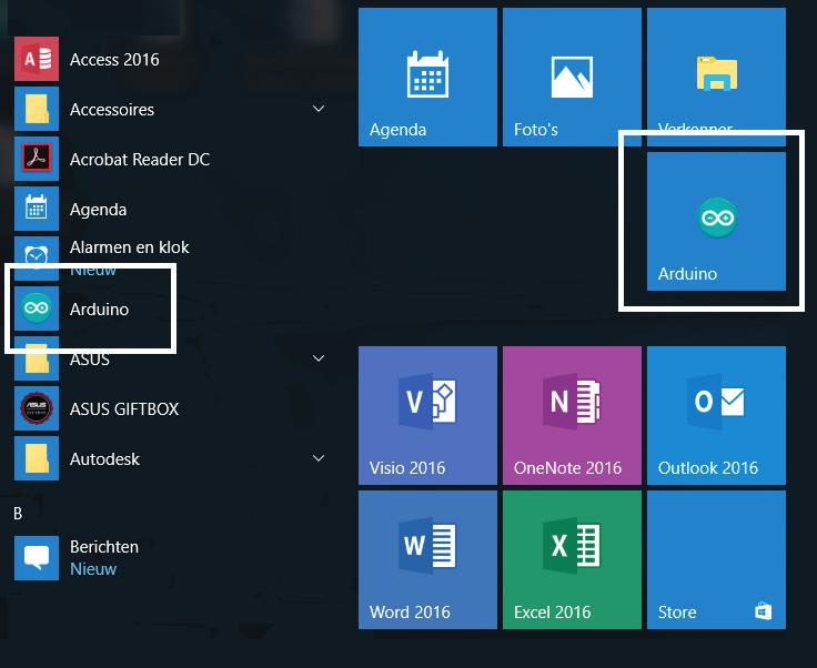 1 Aftrap 9 Start de Arduino-software nu zelf. Dat kan op verschillende manieren, bijvoorbeeld (zie afbeelding 1.9): Klik op de Windows Start-knop en klik in de lijst op Arduino.