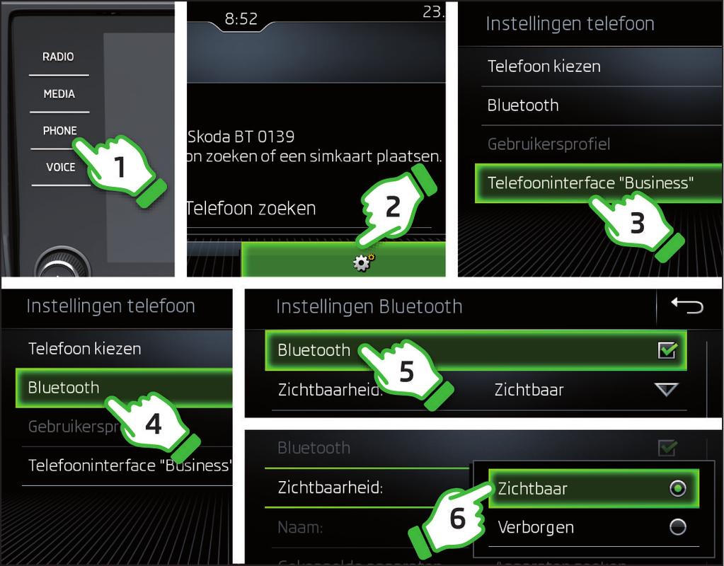 Verbindingsopbouw met de telefoon via het Bluetooth -profiel rsap Het contact en het infotainment inschakelen.