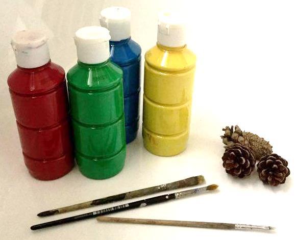 Dennenappels schilderen Materiaal - dennenappels (grootte en soort maakt niet uit) - fijne penselen - plakkaatverf of acrylverf