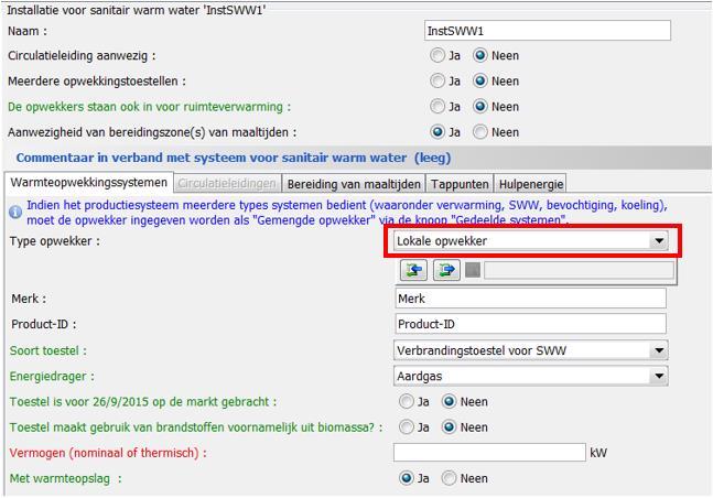 Figuur 172: invoeren van opwekkingssysteem SWW project De Verdieping Aangezien er keukens zijn waar maaltijden bereid worden moet dit ook aangevinkt worden in de software (zie 1 in Fout!