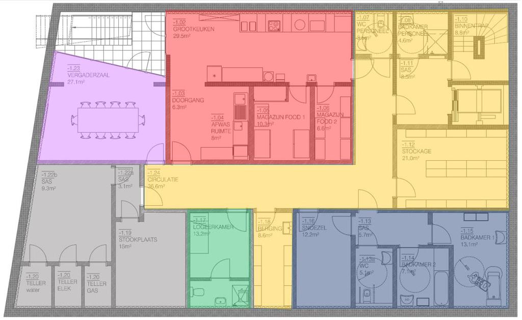 Figuur 184: plan niveau -1 project De Lork met donkerblauw = gezondheidszorg zonder verblijf, oranje =