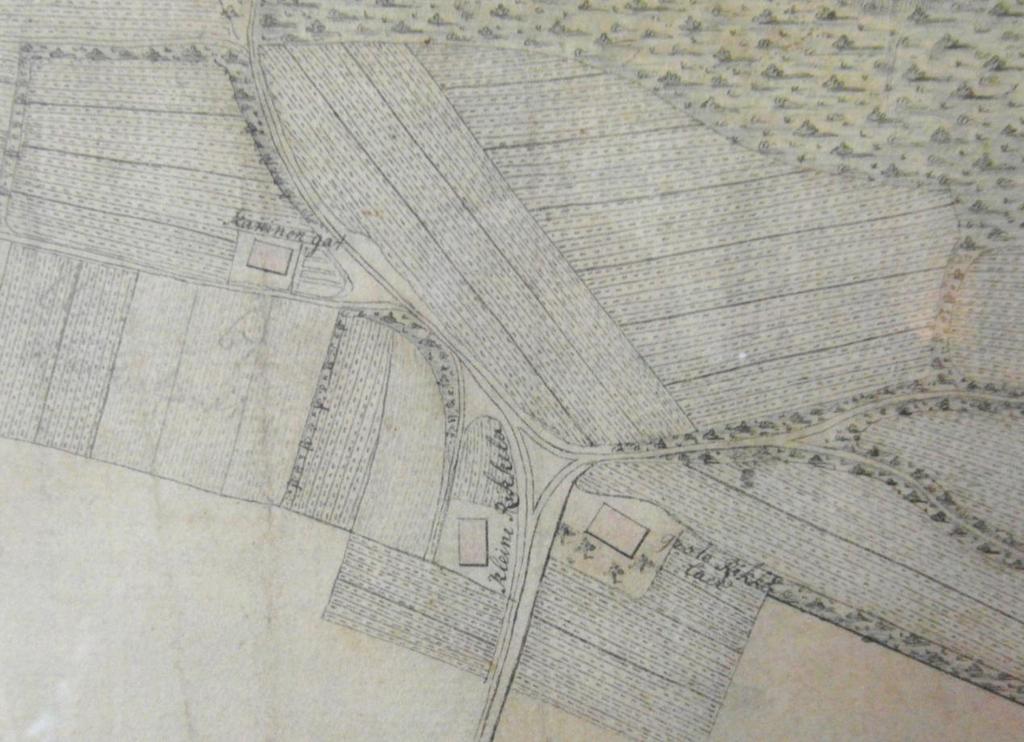 Uitsnede uit een kaart van de havezate Den Berg, getekend door Samuel van Beinum in 1742. (Kaninen gat = Velthoen) 2. Een Caterplaatsjen genaamt t Bruins 2.