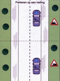 Hellingproef met handrem Je stopt. Je zet de auto in de eerste versnelling, dan doe je de handrem met het knopje ingedrukt omhoog. Vervolgens laat je je voetrem voorzichtig los.