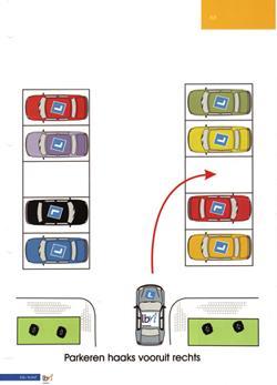 Vooruit parkeren in een parkeervak rechterschouder daarna geef je richting aan naar rechts. Je gaat minimaal één meter van de parkeervakken rijden. Je rijdt in de eerste of tweede versnelling.