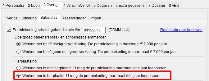 Afbeelding: werknemer, tabblad Subsidies, herplaatste werknemer Afhankelijk van uw keuze daarboven, past Loon dan maximaal 2.000 of 7.000 premiekorting toe.