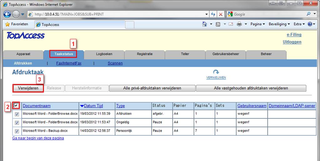 aanwezig zijn op de e-studio. U kunt via TopAccess eenvoudig de actieve taken controleren en desgewenst wissen.