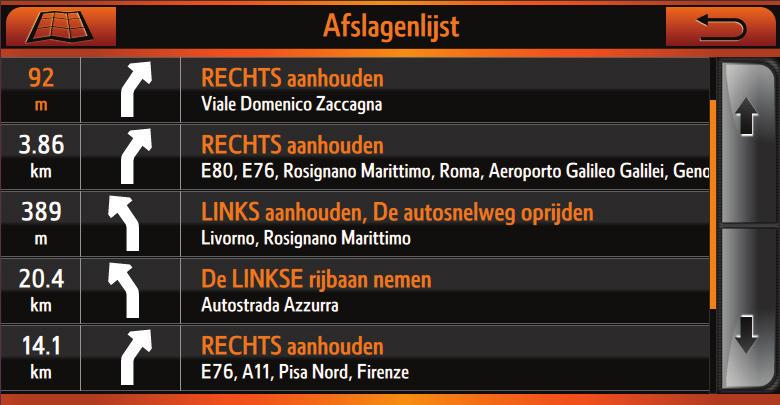 2.3 AFSLAGENLIJST 2.3.1 De afslagenlijst Druk op de afslagindicator om de afslagenlijst te openen. Afslagindicator 2 3 1 Afslagenlijst Nr. Item Beschrijving AFSTAND TOT AFSLAG Vanaf huidige positie.