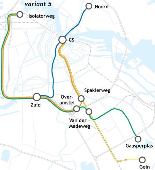 Metrovariant 3 In deze variant wordt overal met twee lijnen gereden, met uitzondering van de Gaasperplaslijn en het traject Spaklerweg Van der Madeweg.