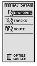 Pagina Nav Data laat u functies zoals creëren, wissen of navigeren uitvoeren voor waypoint, track en route.