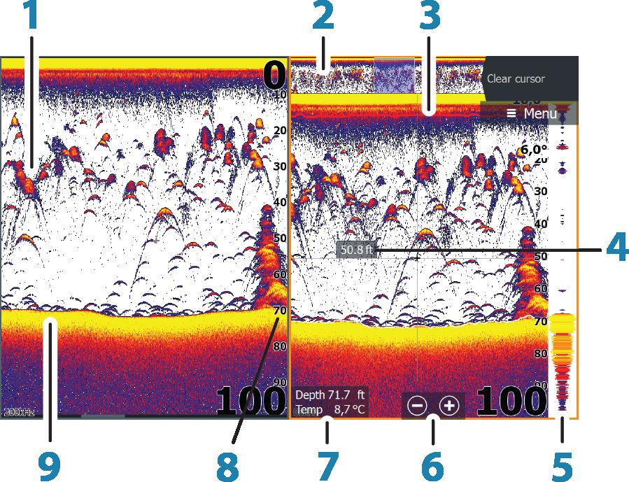 7 Sonar De Sonar-functie geeft een beeld van het water en de bodem onder uw vaartuig, zodat u vis kunt opsporen en de structuur van
