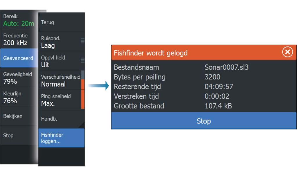 De vastgelegde echogegevens weergeven U kunt zowel intern als extern opgeslagen echogegevens bekijken als de optie Sonarlog weergeven is geselecteerd in het dialoogvenster Sonarinstellingen.