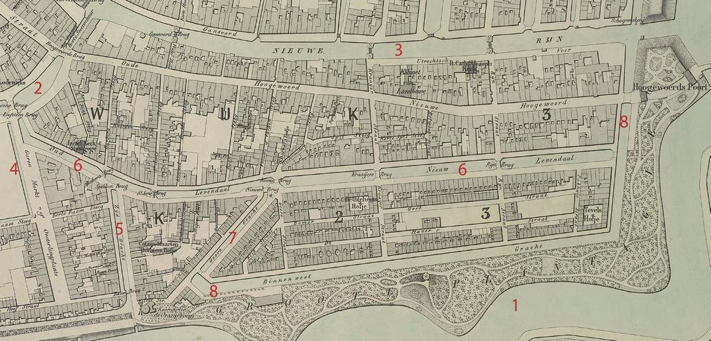 Afb. 22. Nieuwe kaart der Stad Leiden 1850 door W.J. van Campen. Detail. (ELO) De kaart geeft de toenmalige loop van het Levendaal, de Zijdgracht, de Geregracht en de 4e Binnenvestgracht.