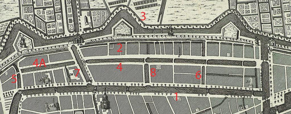 Afb. 41. Plattegrond van Leiden,Wed. A. Honkoop en A. Kallewier, 1762. Uit: Frans van Mieris, Beschrijving der stad Leyden, 1762. Detail. (ELO) en Oostdwarsgracht (6).