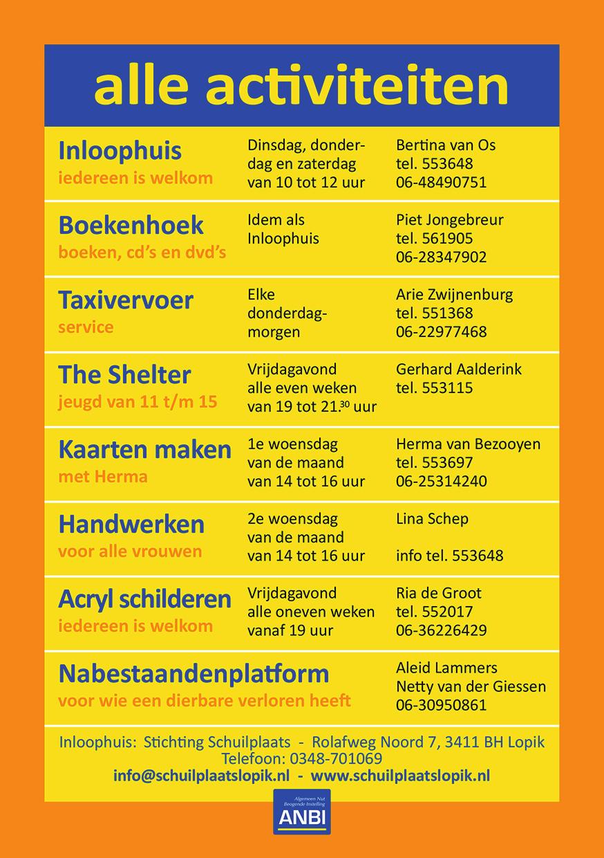 alle activiteiten Inloophuis iedereen is welkom Dinsdag, donderdag en zaterdag van 10 tot 12 uur Puck Gennissen tel. 552768 06-22488987 Boekenhoek Idem als Inloophuis Piet Jongebreur tel.