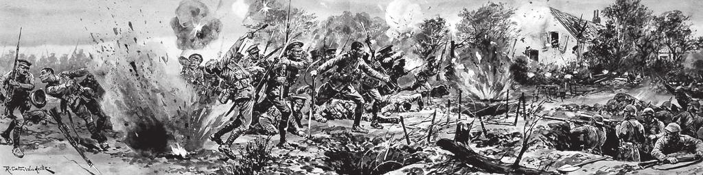 Aanval van Canadese troepen op de loopgraven van de Duitsers in Givenchy nabij Festubert. De Duitsers verdedigden hun stellingen met machinegeweren.