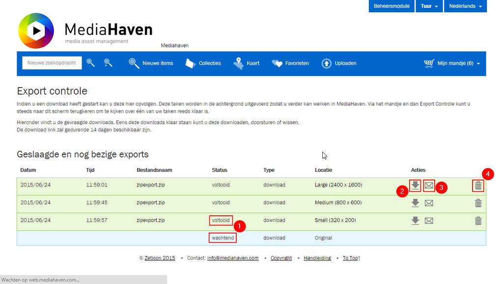 1.8.5. Export controle Op de "Export controle" pagina kan de status van een download of een export worden bekeken. Deze pagina zal automatisch vernieuwen tot alle processen voltooid zijn.