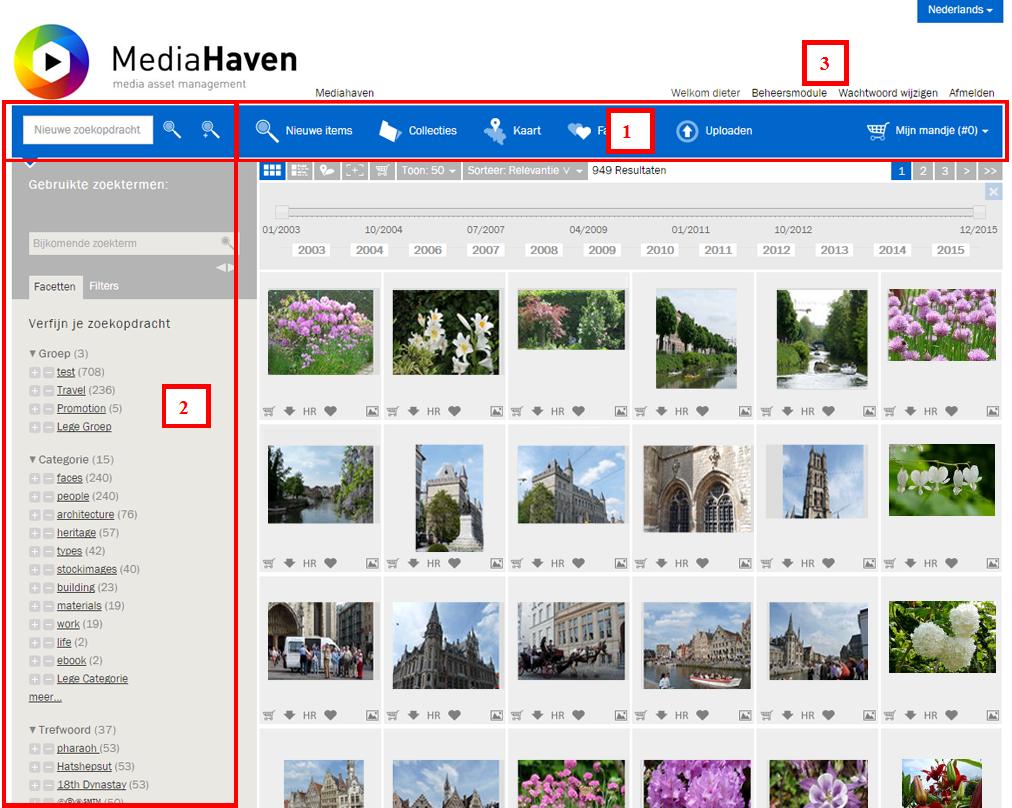 1.2. Zoeken 1. De navigatiebalk met algemene zoekfunctie, de nieuwste items in Mediahaven (geüpload in de afgelopen maand), link naar collecties, de kaart, favorieten en het selectiemandje. 2.