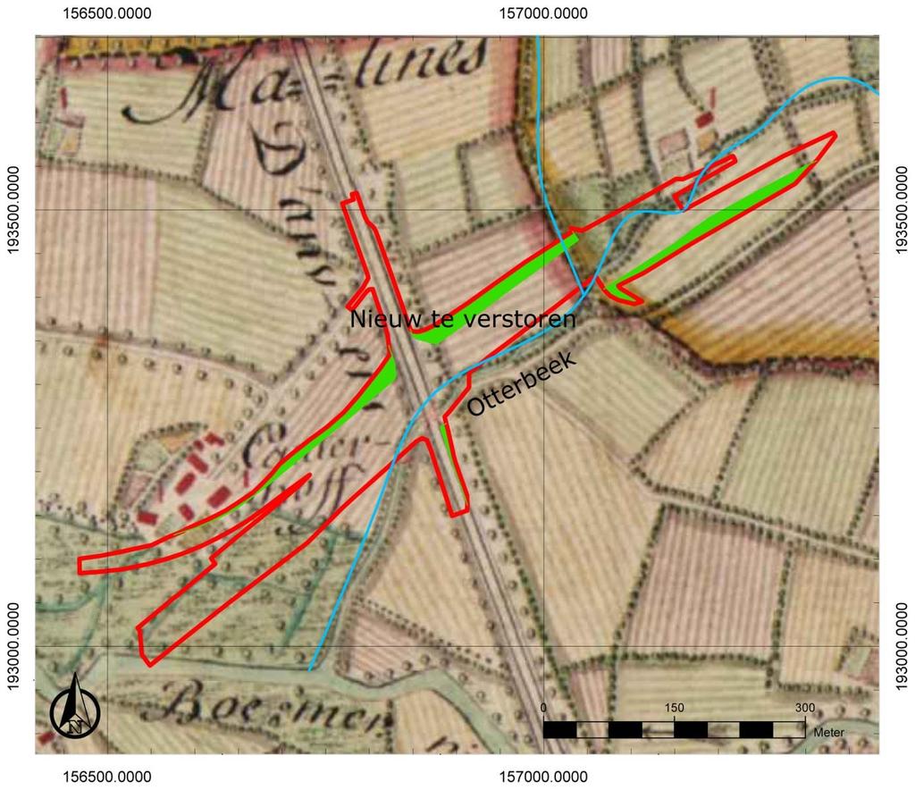 Mechelen R6/N1 31 Figuur 26: Syntheseplan met aanduiding van de nieuw te verstoren terreinen in groen (onderkaart: kabinetskaart van de Oostenrijkse Nederlanden) Wat is de impact van de geplande