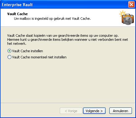 Installatie van Enterprise Vault Een Vault Cache en Virtual Vault instellen 15 Een Vault Cache instellen 1 Klik in het menu Extra op Enterprise Vault > Vault Cache inschakelen.