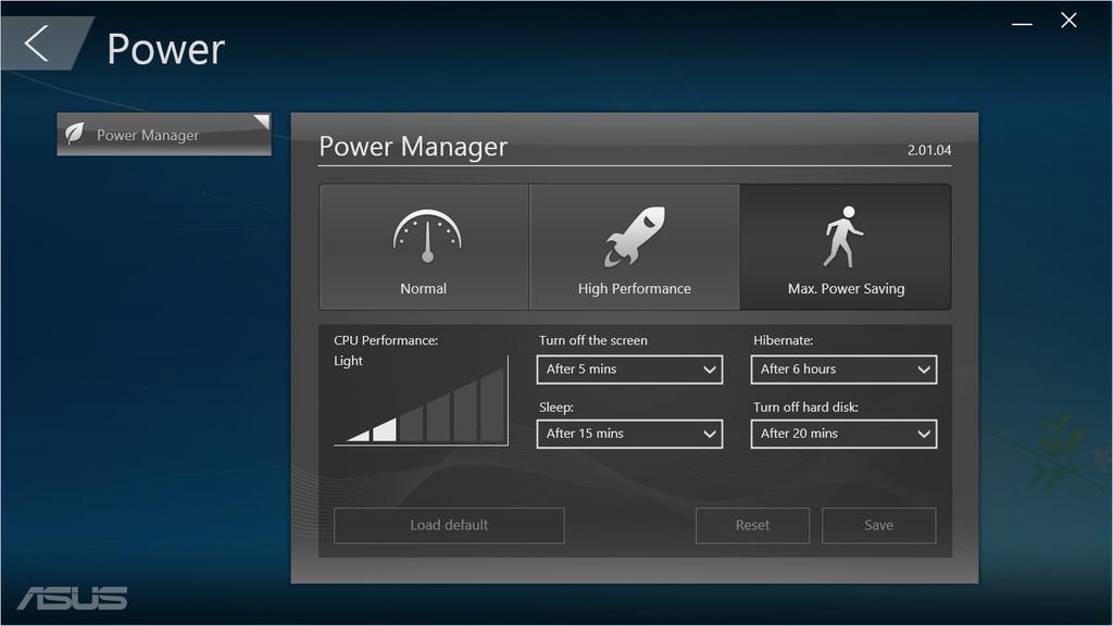 Power (Voeding) Klik op Power (Voeding) in het hoofdscherm van ASUS Manager om het energiebeheer te configureren.