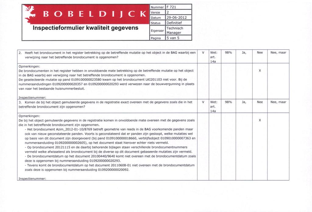 B O B E L D I Inspectieformulier kwaliteit gegevens F 721 5 van 5 Heeft het brondocument in het register betrekking op de betreffende mutatie op het object in de BAG waarbij een verwijzing naar het