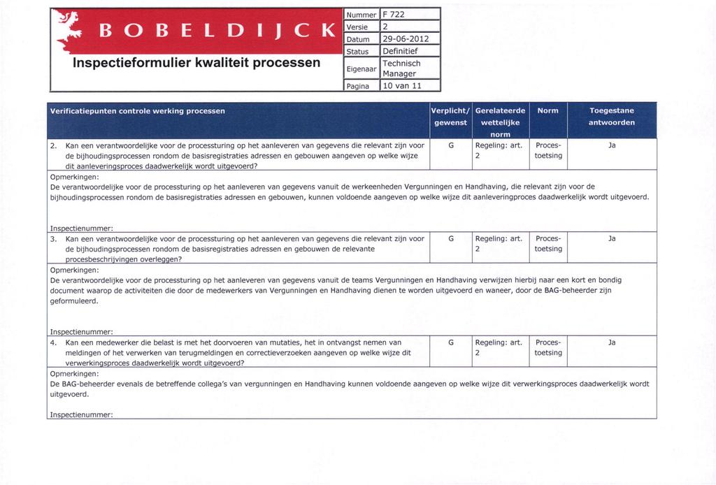 B O B E L D I J C K Inspectieformulier kwaliteit processen F 722 10 van 11 Verificatiepunten controle werking processen Verplicht/ Gerelateerde Norm gewenst wettelijke Toegestane antwoorden 2.