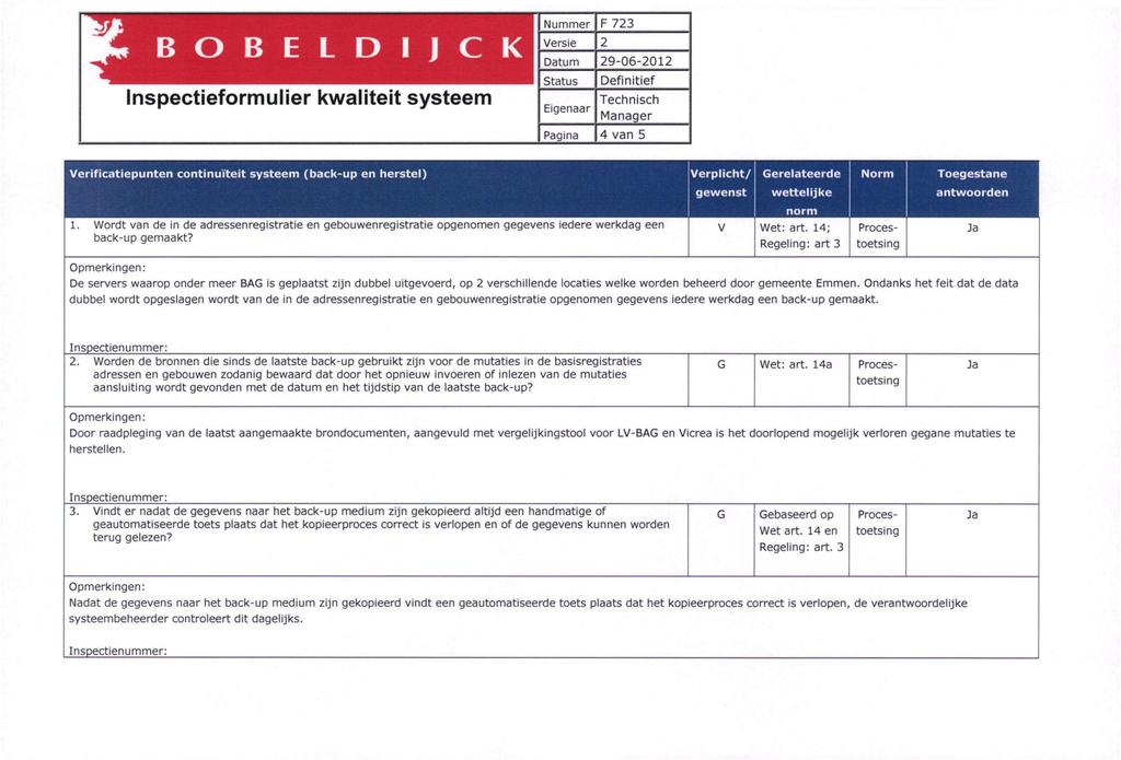 F 723 4 van 5 Verificatiepunten continuïteit systeem (back-up en herstel) Verplicht/ Gerelateerde Norm Toegestane gewenst wettelijke antwoorden 1.