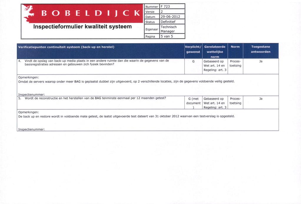 B O B E L D I J C K Inspectieformulier kwaliteit systeem F 723 5 van 5 Verificatiepunten continuïteit systeem (back-up en herstel) Verplicht/ Gerelateerde Norm Toegestane gewenst wettelijke