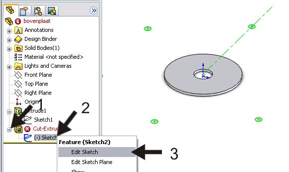 78 Klik in de FeatureManager op het plus-teken voor het feature met de gaten (Cut- Extrude1) Klik met de rechter muisknop op de sketch die verschijnt Kies in het menu Edit Sketch Tip!