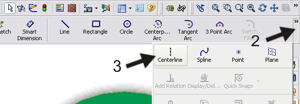 8 Teken nu eerst een hulplijn: 1. klik in de Command- Manager op Sketch 2. Open (indien nodig) het verlengde menu 3.
