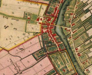 Afb. 5. Detail uit de kaart van de Stichtse en Hollandse heerlijkheid Loenen uit 1726, uitgave Covens en Mortier, met de situatie van Driehoven: de drie hoven die eindigen bij kavel 30. (Coll.