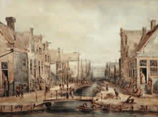 De inmiddels gedempte Willemsgracht in de Jordaan te Amsterdam. Op de achtergrond de pakhuizen aan de Brouwersgracht. (Aquarel op papier door P.J. Lutgers uit 1861 27.7 x 36.8 cm.