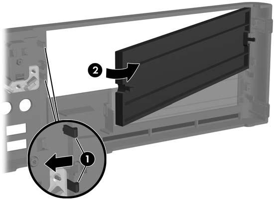 Verwijder het 3,5-inch afdekplaatje door de twee lipjes die het afdekplaatje op zijn plek houden in de richting van de rechterbuitenzijde van het paneel te drukken (1) en het afdekplaatje naar rechts