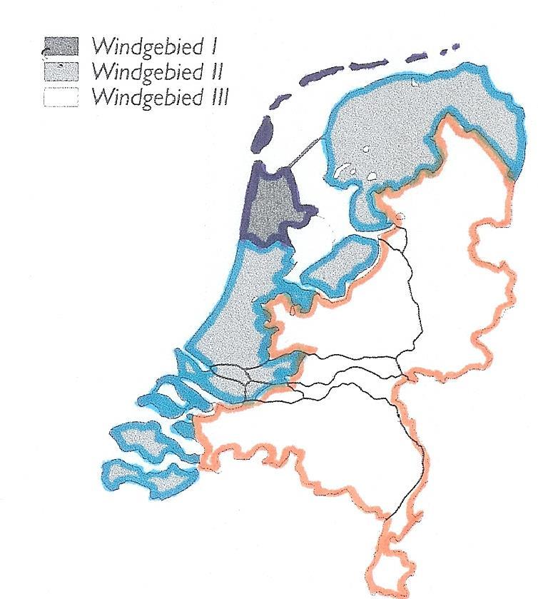 Kaart van Nederland met onderscheiden windgebieden Tekening met de te onderscheiden dakzones volgens nieuwe NPR en een kaart met de windgebieden en de zone langs de kust.