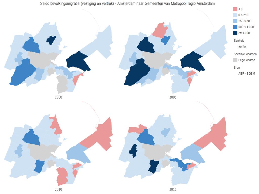 Binnenlands migratiesaldo MRA-gemeenten met Amsterdam in 2000, 2005, 2010 en 2015 Uitleg: De kaarten geven voor verschillende jaren het saldo weer van het aantal personen dat van en naar Amsterdam is