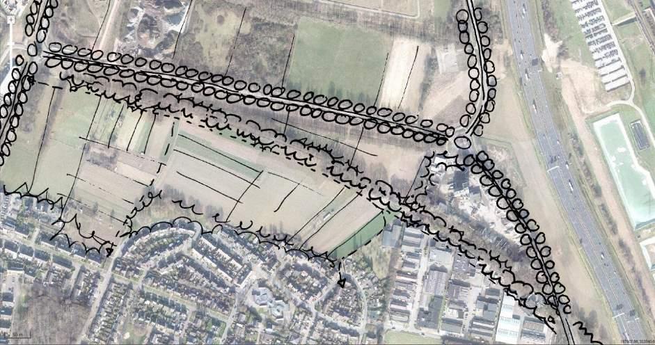 Voorstel groenstructuur voor het buitengebied Contrast tussen landschap en menselijke ingrepen: De landweer en het agrarisch cultuurlandschap op het middenterras.