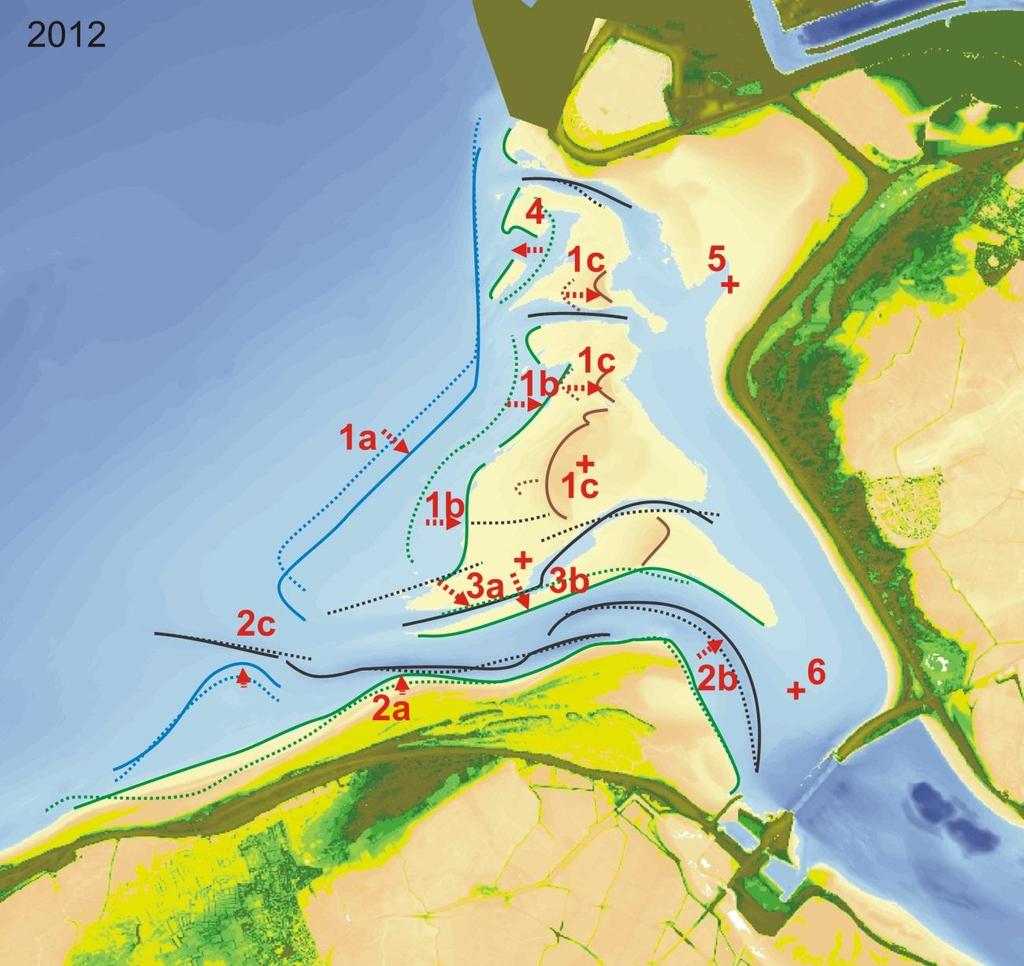 Figuur 47 Bodemligging van 2012 met de locatie van belangrijke morfologische elementen (groen: plaat en strand; grijs: geulas; rood; hoge droogvallende plaat; blauw: ondiepte).
