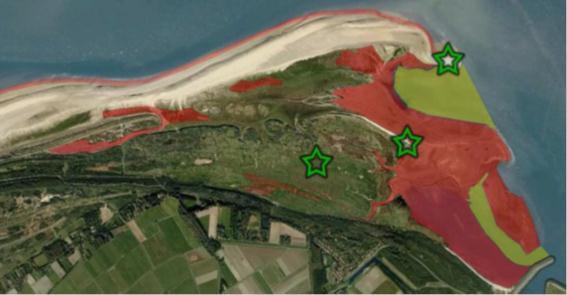 Figuur 26 Terreingebruik visetende vogels. Ster: hoogwatervluchtplaats, Geel: foerageergebied fuut en aalscholver, Rood: intergetijdengebied, foerageergebied lepelaar.