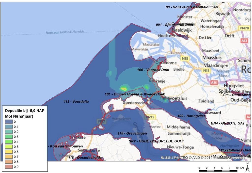 Figuur 43 Stikstofdepositie als gevolg van uitvoeringsscenario s op Natura 2000-gebieden bij een baggerdiepte van NAP -5,0 meter Natura 2000-gebied Laagste Gemiddelde Hoogste 113 - Voordelta 0,0 0,0