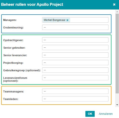 Basisfuncties Het dialoogvenster voor het instellen van rollen voor een project Stap 3. Klik op OK. N.B.: Selecteer de gebruikersgroep 'Alle gebruikers' om alle gebruikers lid te maken van de OE. N.B.: Voor mappen en projecten waar geen beveiliging is ingesteld, hebben ALLE leden van de Organisatie-eenheid toegang.